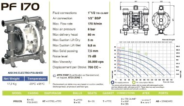 PF0170 насос для пищевых продуктов FDA FLUIMAC PHOENIX FOOD AISI316, 170 л/мин пневматический мембранный — BTS Engineering