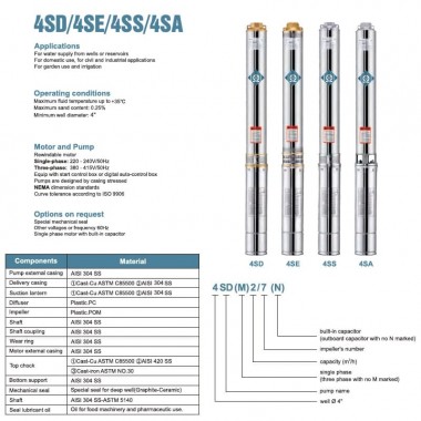 Скважинный насос для орошения 4SSM4/24, Outlet: 1 1/4 дюйма, 2,2kW, 220V — BTS Engineering