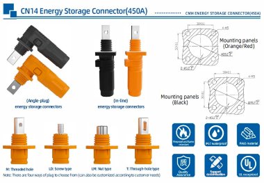 JC-CN14-S-03-T, conector hembra de CC de 450 A y 1500 V para sistemas de almacenamiento de energía con orificio pasante, negro — BTS Engineering