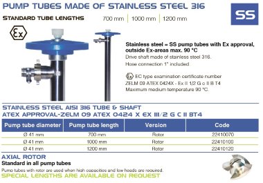 Partie pompe (tuyau) de la pompe vide-fûts FLUIMAC NETTUNE en AISI 316 (arbre AISI 316), 1000 mm, Ø41 mm — BTS Engineering