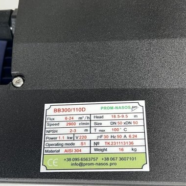 Центробежный насос BB300/110D, AISI304, 220V/50Hz, 2900 — BTS Engineering
