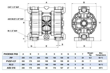 Pneumatic Diaphragm Pump PHOENIX 65-PP 1/2, P65-PHTTPTPT — BTS Engineering