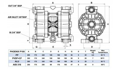 Druckluft-Membranpumpe PHOENIX 100-PP 3/4, P100-PHTTPTT — BTS Engineering
