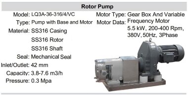 Кулачковий насос для в’язких рідин LQ3A-36-316/4/VC, 3,8-7,6 м3/год, 0,3 МПа, 5,5 кВт, 200-400 об/хв, 380В, 50 Гц, AISI 316 &mdash; BTS Engineering