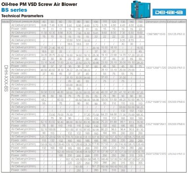 Безмасляная винтовая воздуходувка PM VSD серии BS с подачей воздуха 4-160,9 м3/мин, мощностью 11-355 кВт, давлением 40-161,89 кПа DEHAHA — BTS Engineering
