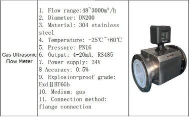 DN200 Caudalímetro ultrasónico de gas PN16 (gas), 48~3000 m3/h, AISI 304, 4-20mA, RS485, ExdⅡ BT6Gb, conexión de brida — BTS Engineering