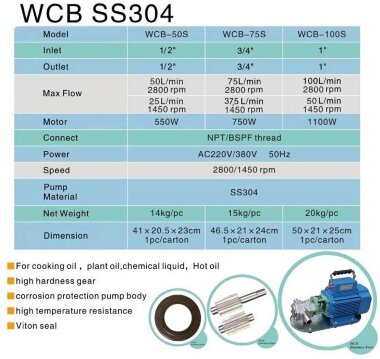 Bomba de engranajes de acero inoxidable para trasiego de metanol WCB-75/380V 50Hz, 37,5 l/min, 30 m, AISI 304, 0,75 kW, 1400 rpm, Ex — BTS Engineering