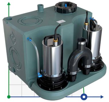 Stacja magazynowa Sololift z mechanizmem tnącym z dwiema pompami i panelem sterowania AIZL-SC750W Double, 15,5/13,5, 0,75 kW, 220 V, 2800 obr./min — BTS Engineering